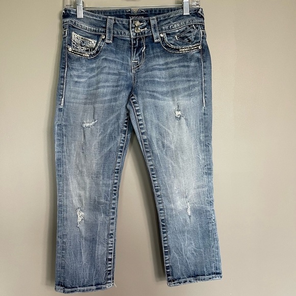 Vigoss The New York Capri Size 1/2 Length 22 Blue Jean Denim Distressed Med Wash - Picture 1 of 7